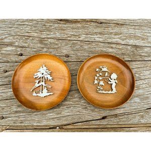 Vintage Wood German Plaques Metal Work Cherub Deer Tree